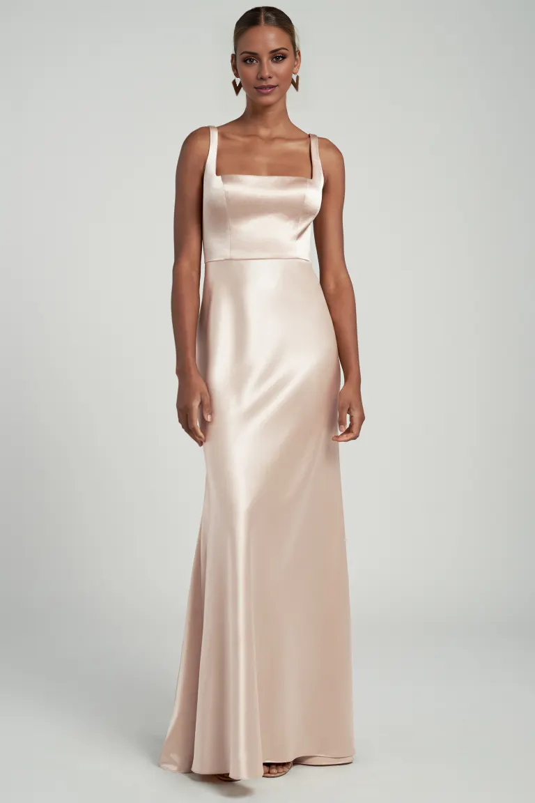 Vestido de noche Jimiss con escote cuadrado, hombros descubiertos, sin mangas, espalda descubierta y largo hasta el suelo