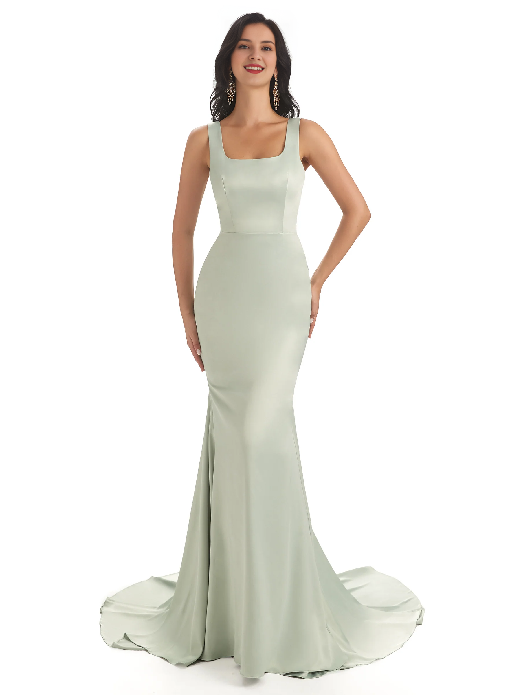Soft satin unique square neck extra long fish tail bridesmaid dress