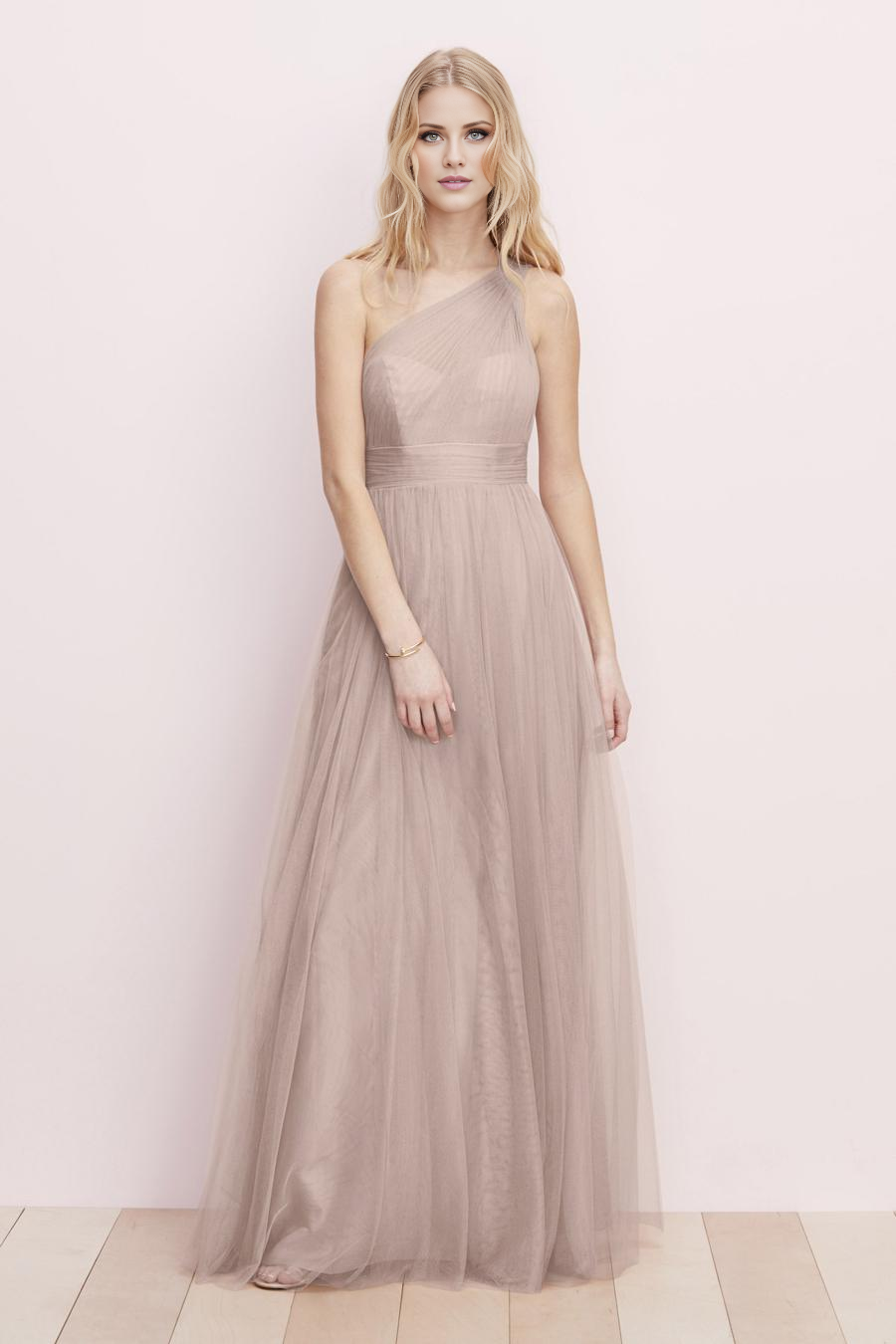 Dusty Rose One Shoulder A-Line Tulle Floor-Length Bridesmaid Dress