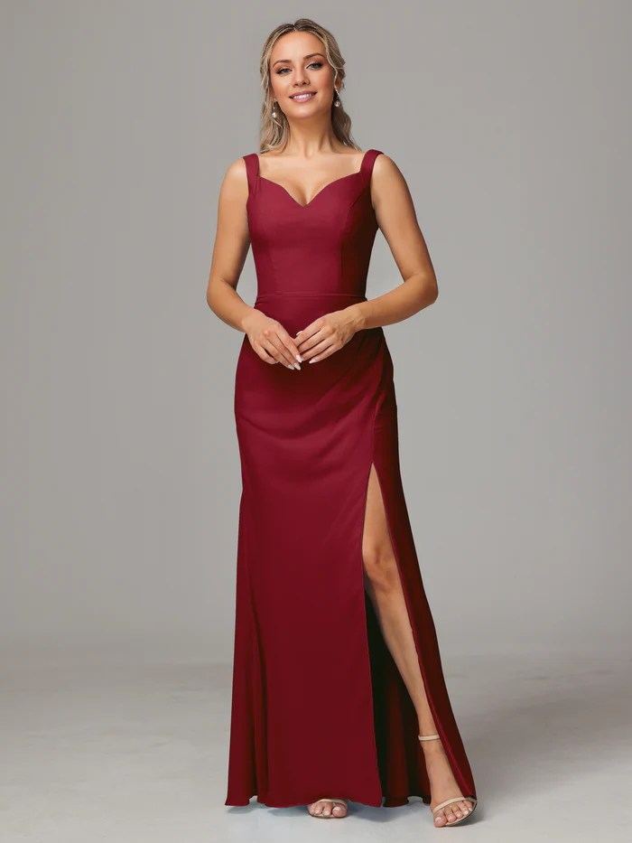 Vestido de dama de honor de gasa con escote en V, abertura, sin mangas y hombros descubiertos