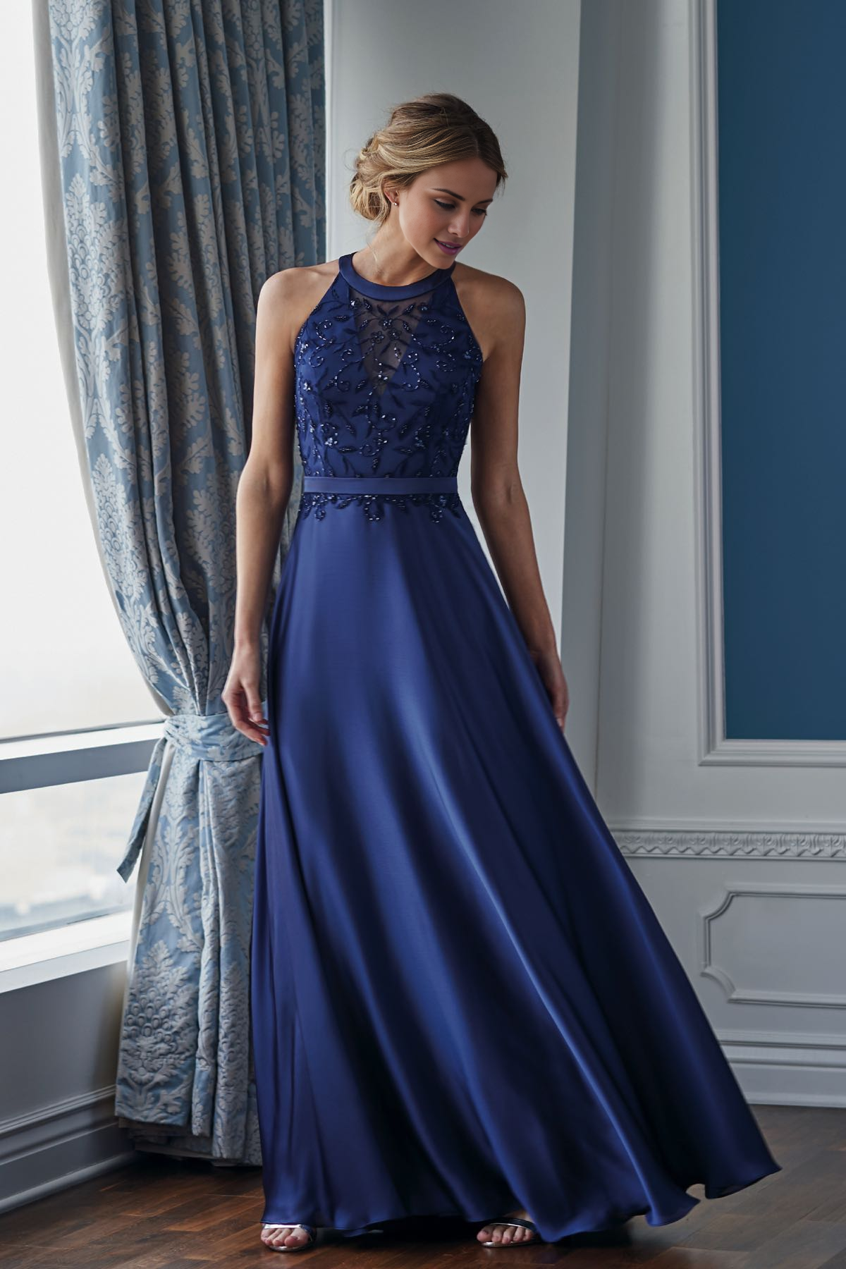 Navy Blue Satin A-Line Floor-Length Dress with Beaded Illusion Halter Neckline