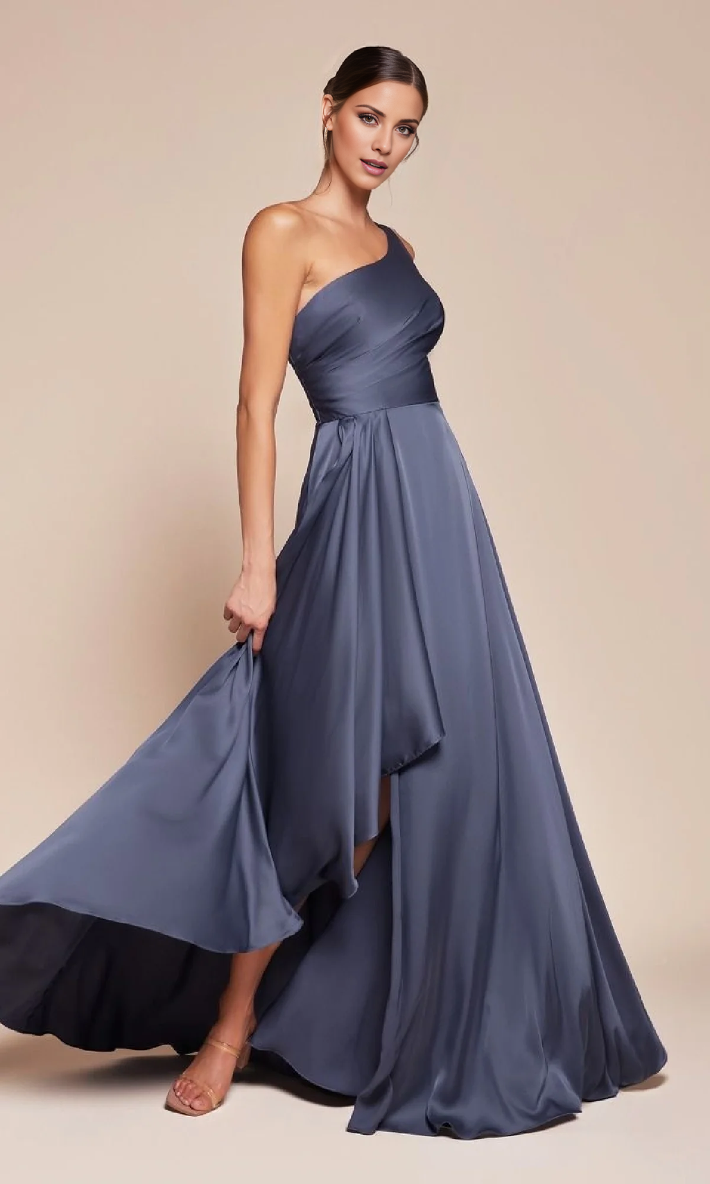 Slate Blue Satin One Shoulder A-Line High-Low Dress