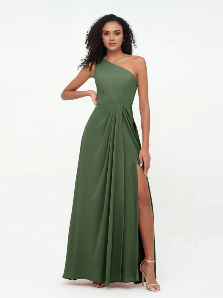 Olive Green Chiffon A-Line Floor-Length One Shoulder Dress with Draped Bodice and High Slit
