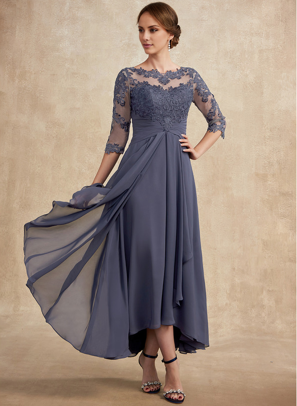 Slate Blue Chiffon A-Line Asymmetrical Evening Dress with Lace Bodice and Boat Neck