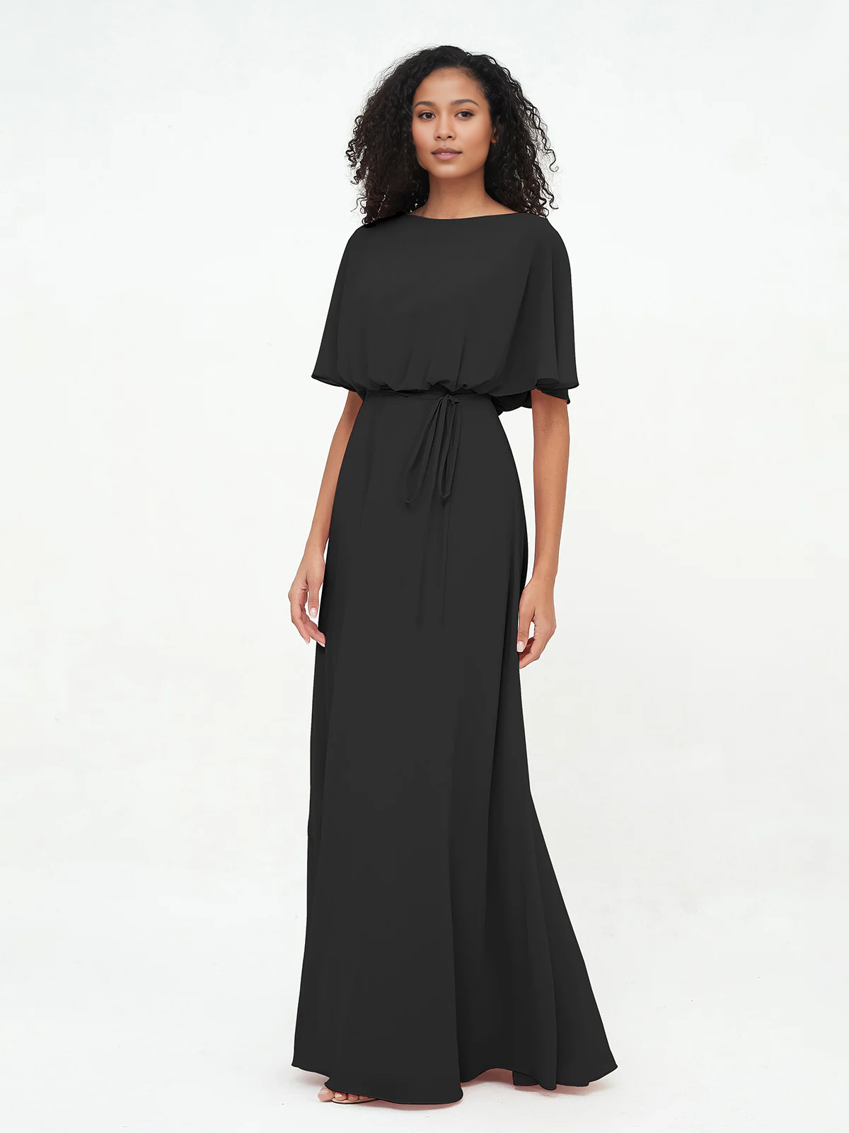 Butter Chiffon A-Line Floor-Length Bridesmaid Dress with Boat Neck & Self-Tie Waist