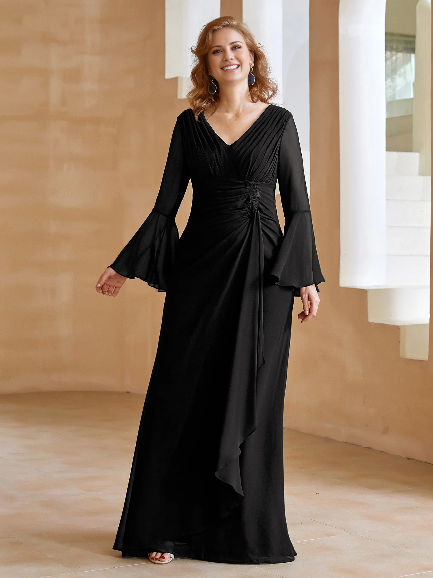 Olive Green Chiffon A-Line V-Neck Bridesmaid Dress with Ruched Bodice & Bell Sleeves