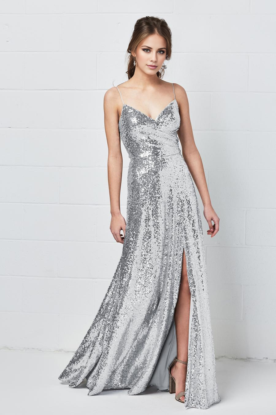 Jimiss V-neck sleeveless off shoulder slim sequined backless and floor length evening dress