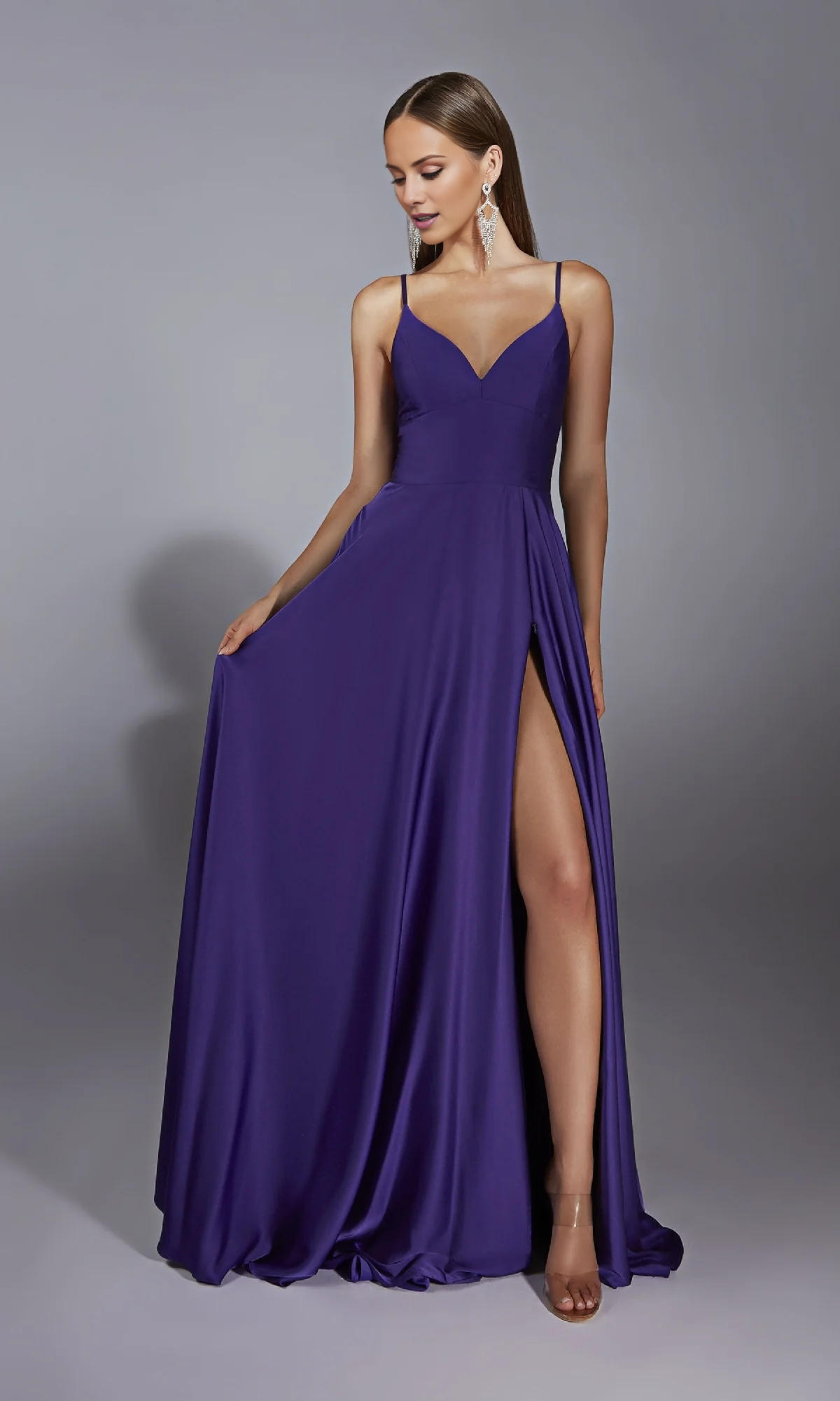 Vestido de noche Jimiss con escote en V, tirantes finos, abertura lateral en la espalda y largo hasta el suelo 