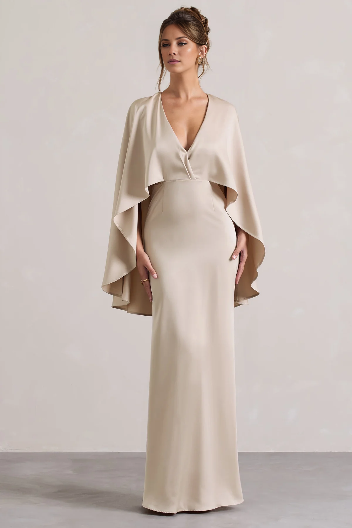 Champagne Satin Sheath/column Floor-Length Bridesmaid Dress with Cape Sleeves and Wrap V-neck