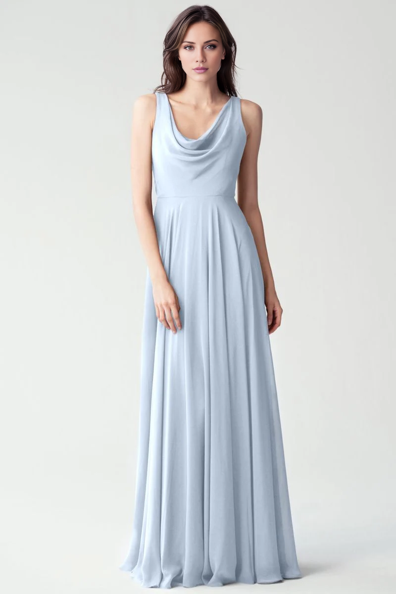 Vestido de fiesta largo hasta el suelo, sin mangas, con cuello alto y hombros descubiertos de Jimiss
