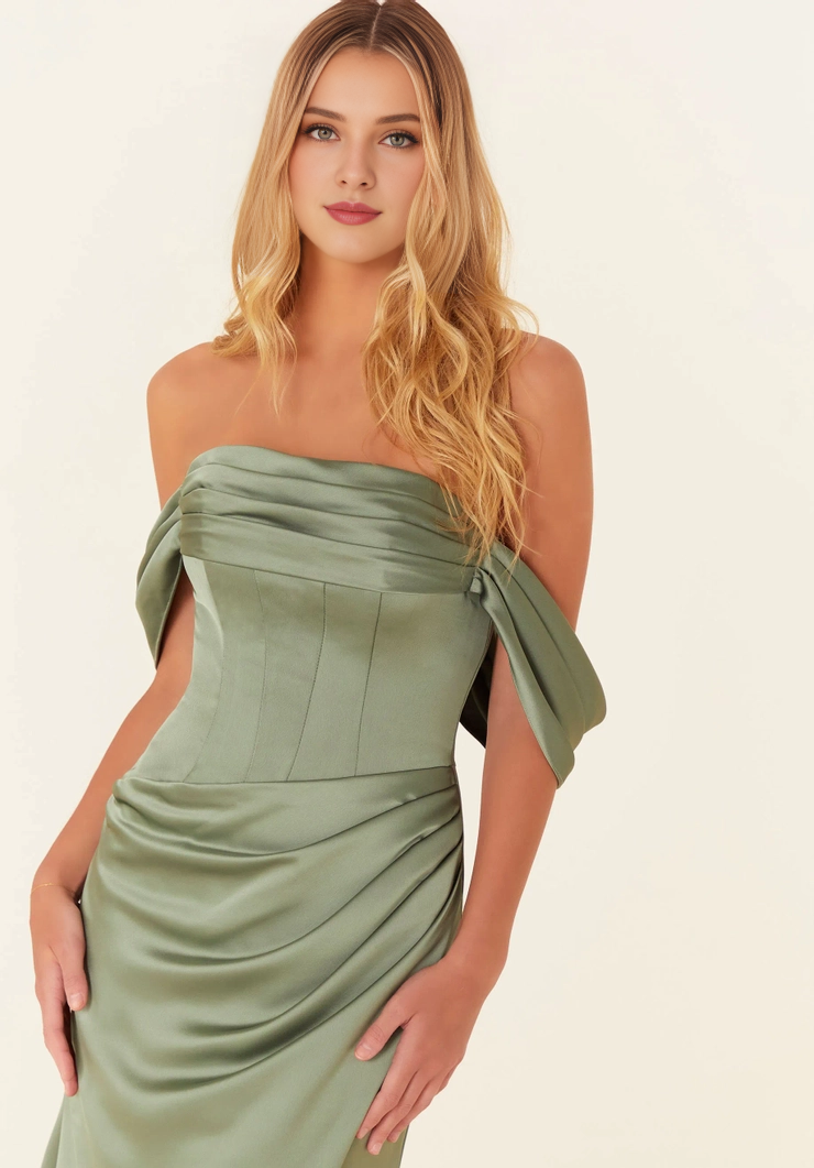 Vestido de dama de honor con cuello de hombro drapeado de satén y imitación de corsé ajustado de hueso