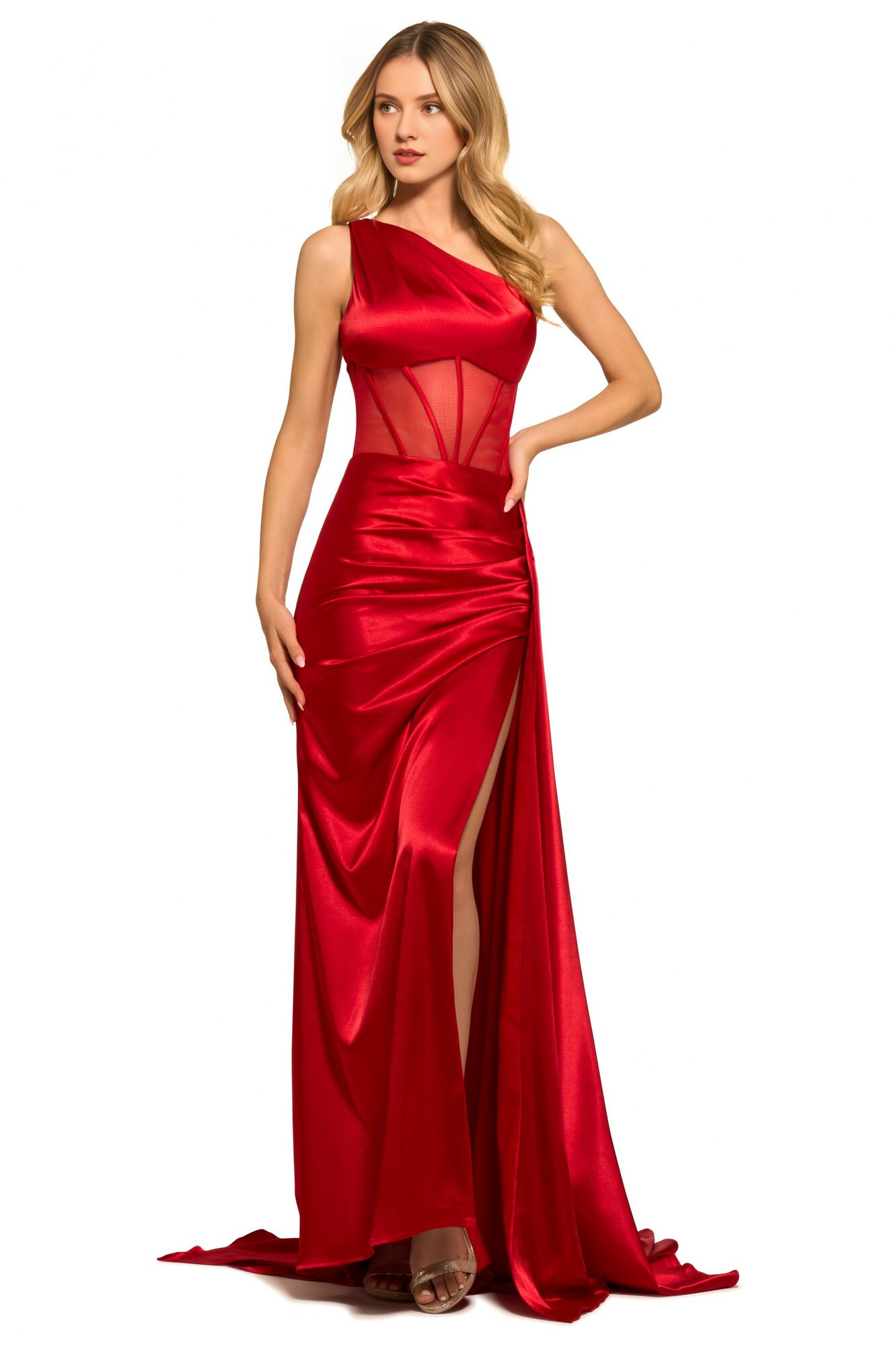 One shoulder plain knitted transparent tight corset with side slits and floor length Prom dress