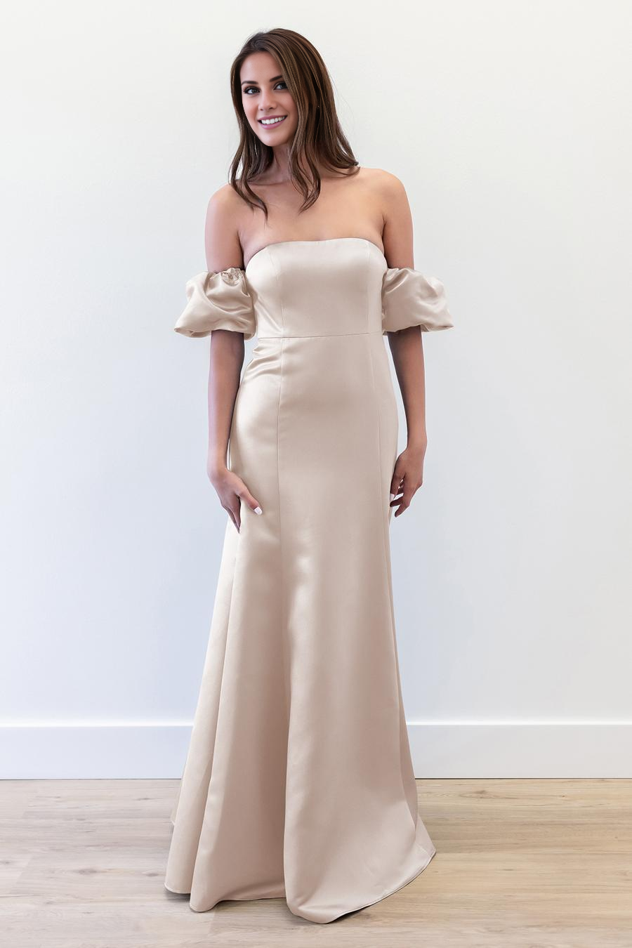 Vestido de noche Jimiss con hombros descubiertos, mangas abullonadas, botones en la espalda, sin espalda y largo hasta el suelo