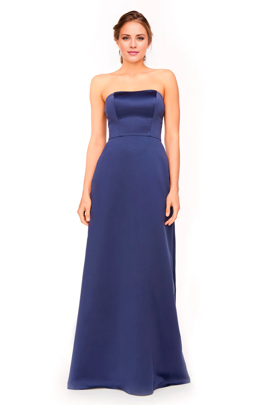 Navy Blue Satin A-Line Floor-Length Bridesmaid Dress