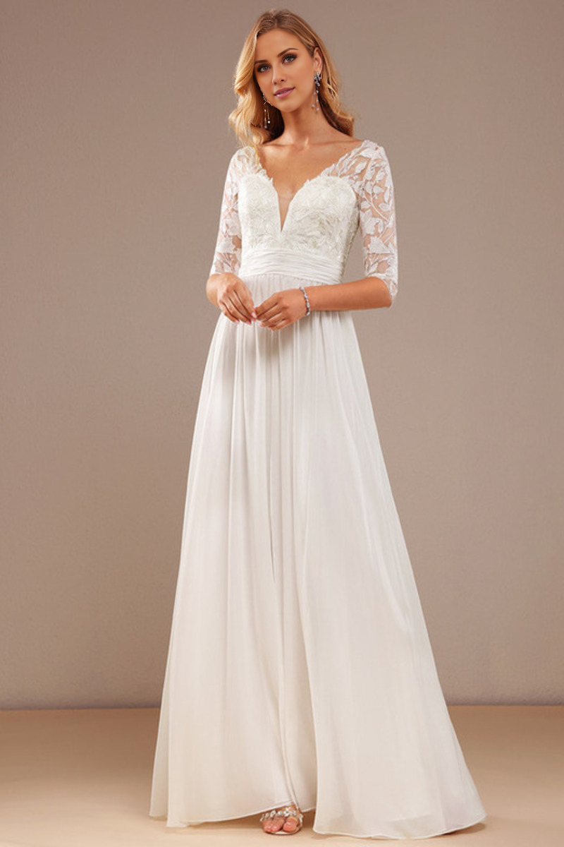 Ivory Lace & Chiffon V-Neck A-Line Floor-Length Bridesmaid Dress