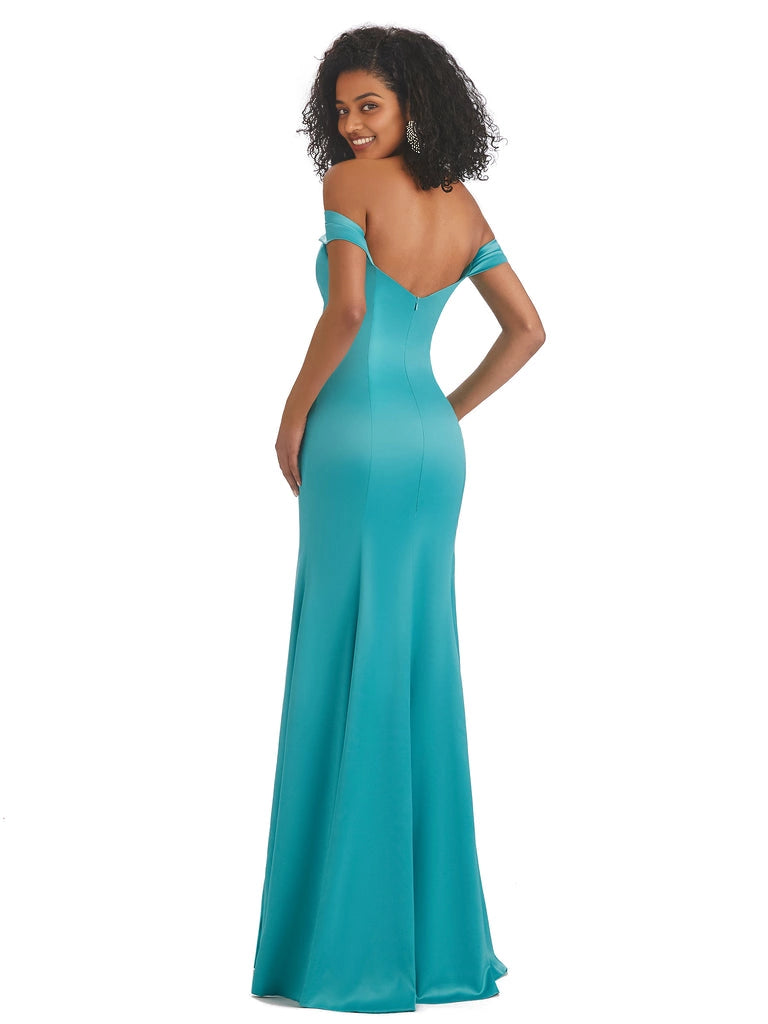 Simple Off The Shoulder Soft Satin Sleeveless Mermaid Long Bridesmaid Dresses