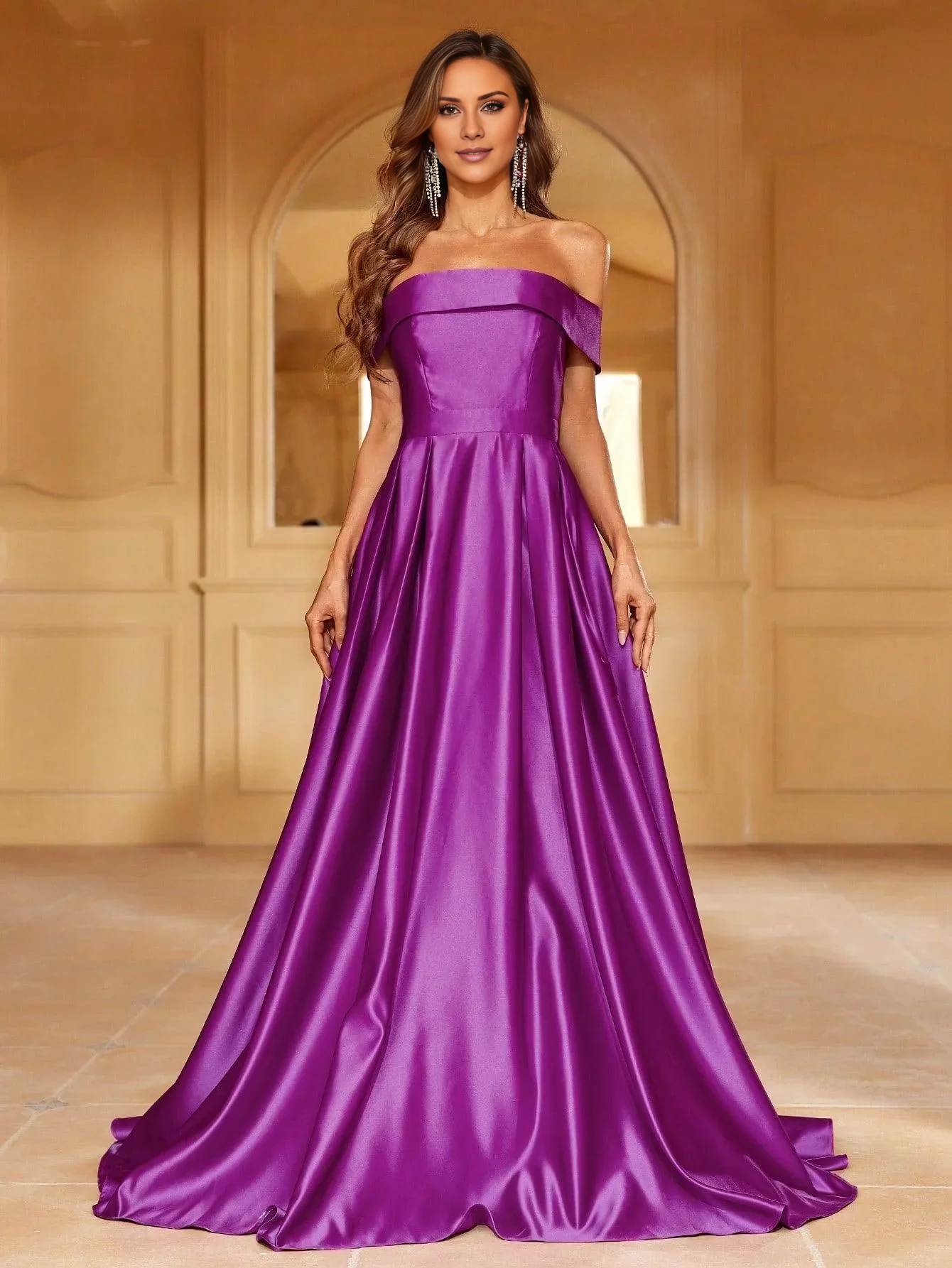 Off shoulder collar satin A-line backless and floor length formal dress