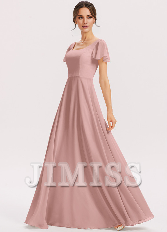 Vestido de dama de honor de gasa con volantes escalonados, corte A, cuadrado, largo hasta el suelo