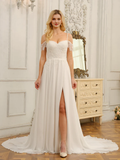 Vestido de novia largo estilo princesa con hombros descubiertos, corte A y pegatinas.