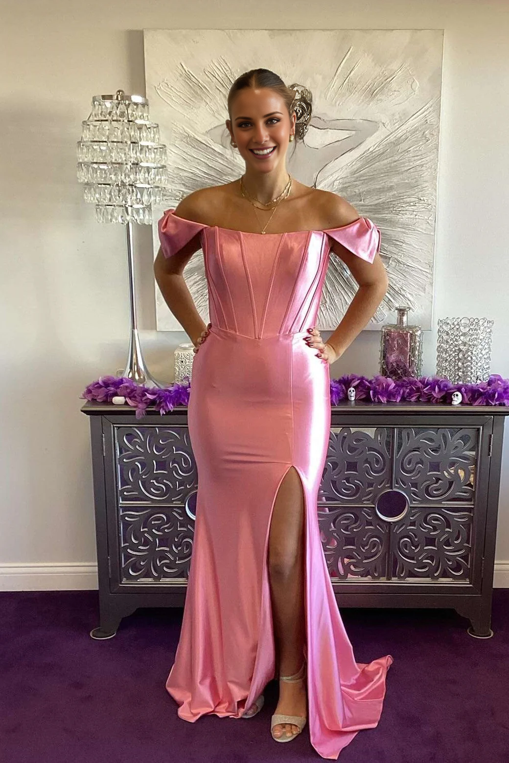 Pink Satin Off-the-Shoulder Mermaid Floor-Length Evening Dress with Corset Bodice and High Slit
