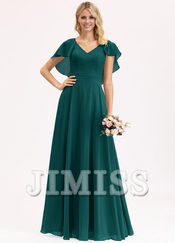 Dusty Blue Chiffon A-Line Floor-Length Bridesmaid Dress with Flutter Sleeves