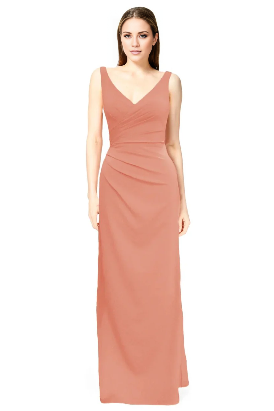 Vestido de noche Jimiss con escote en V, hombros descubiertos, sin mangas, detalles plisados y largo hasta el suelo