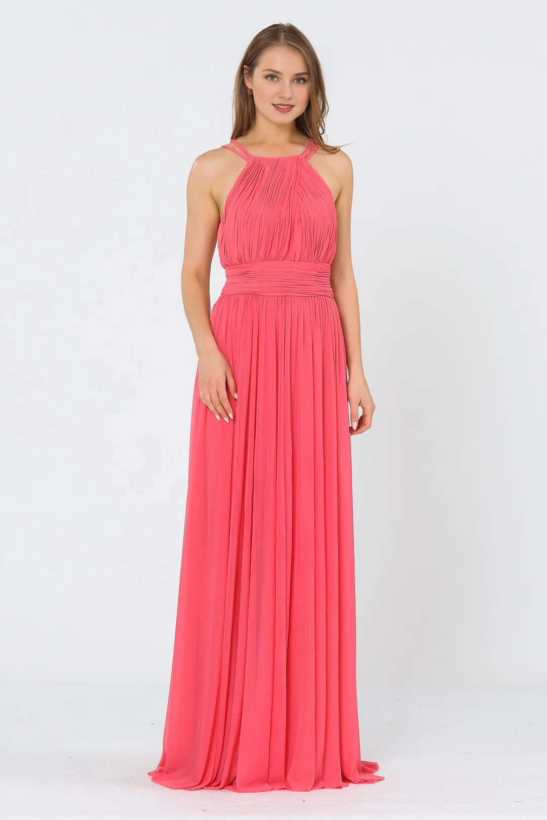 Dark Navy Chiffon A-Line Floor-Length Halter Bridesmaid Dress with Pleated Bodice