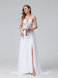 Vestido de novia largo de gasa sin mangas con escote en V y tirantes finos en forma de A