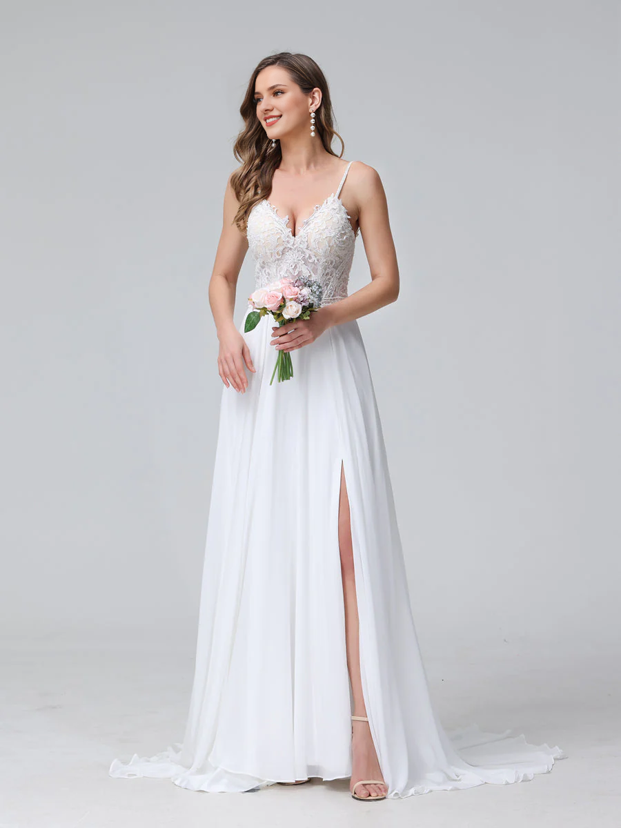 Vestido de novia largo de gasa sin mangas con escote en V y tirantes finos en forma de A