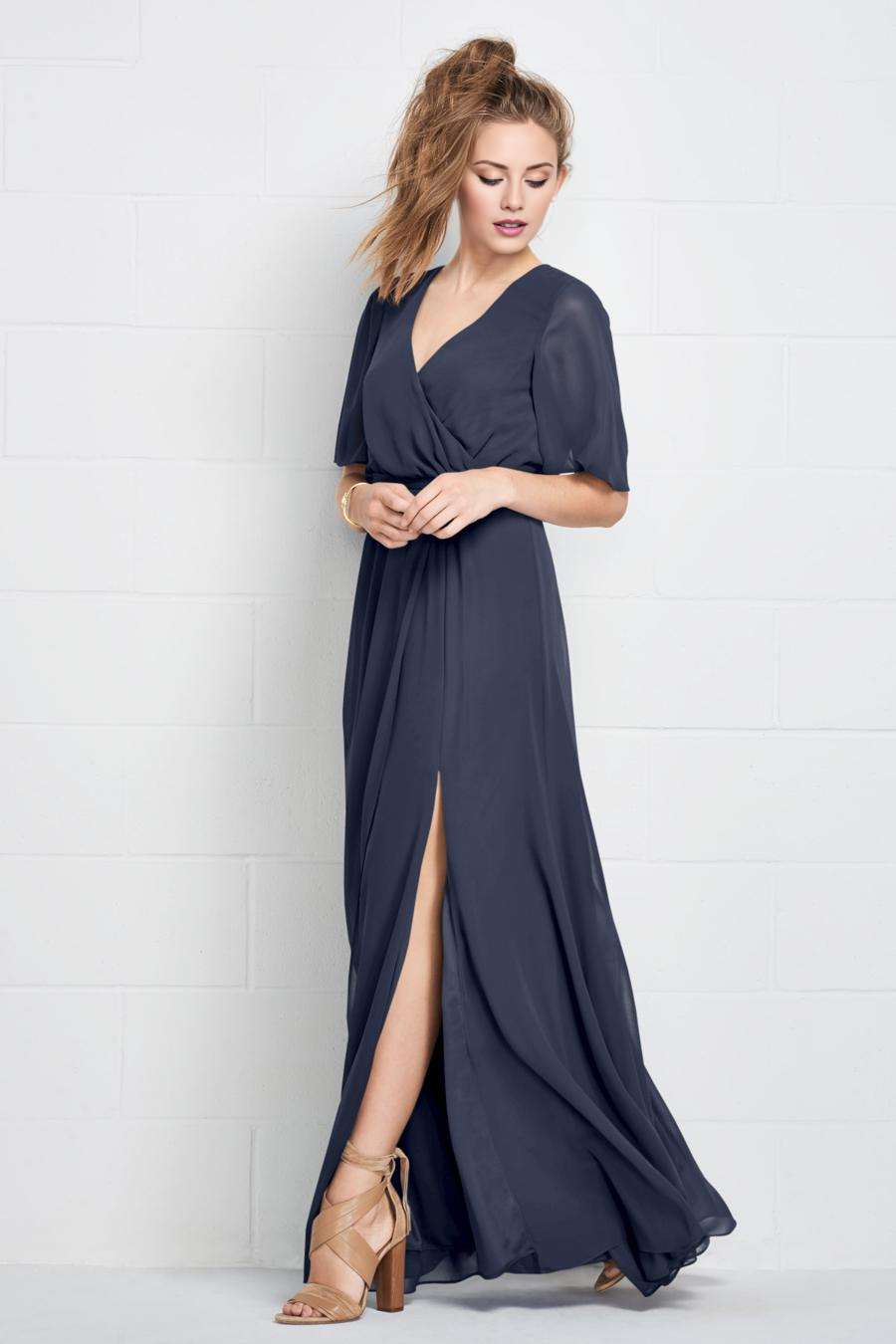 Dark Navy Chiffon A-Line Floor-Length Bridesmaid Dress with V-Neck and Wrap Bodice