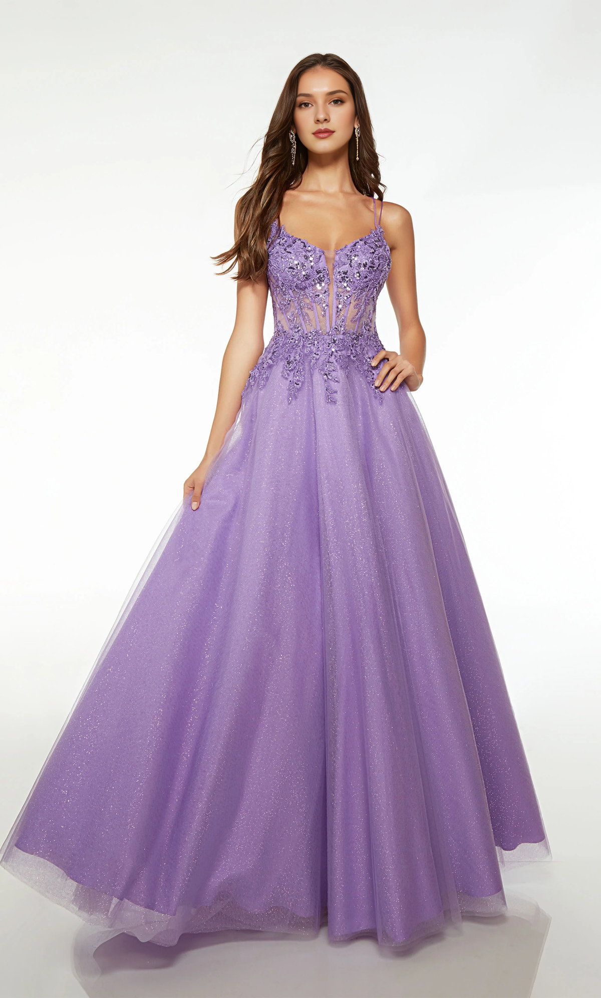 Lavender Glitter Tulle A-Line Floor-Length Gown with Sequin Appliques