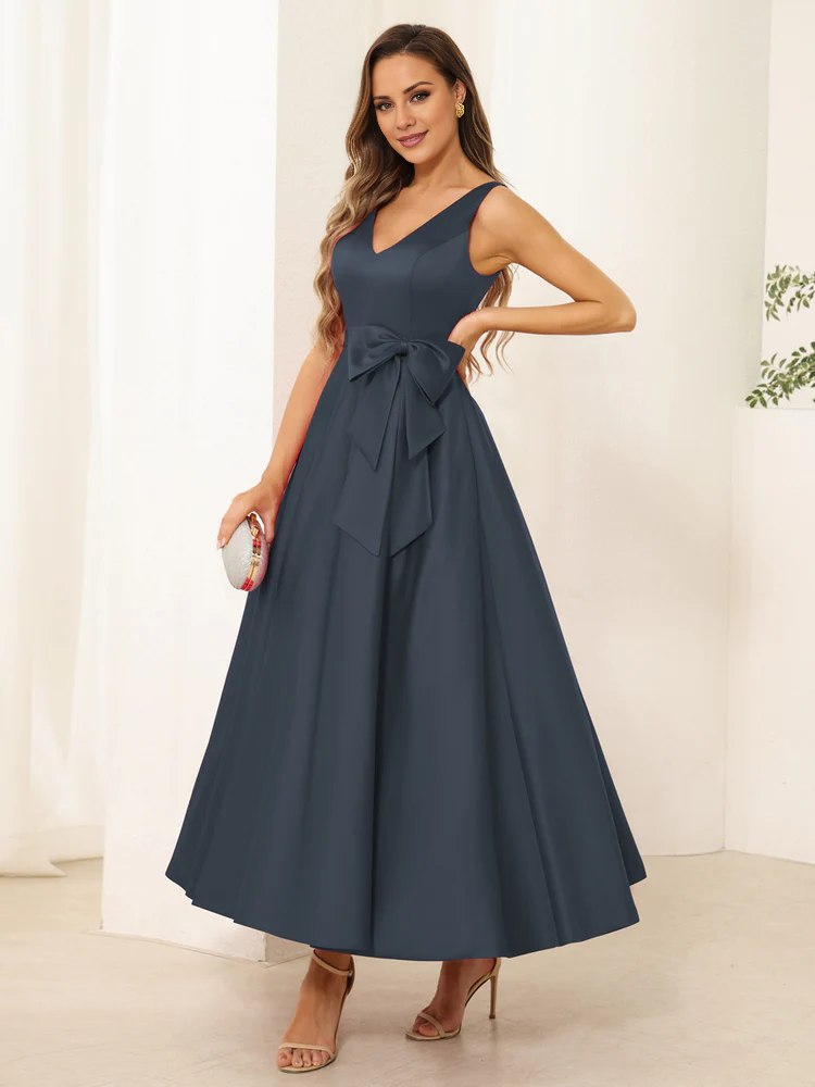 Dark Navy Satin A-Line Tea-Length Bridesmaid Dress with V-Neck and Waist Bow