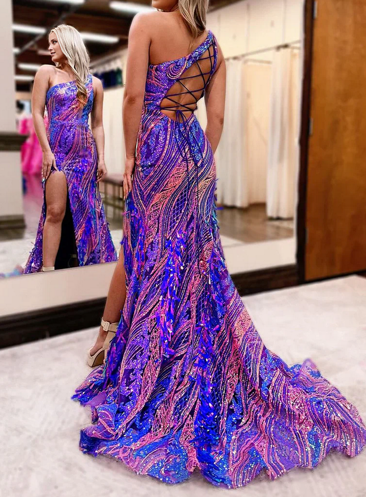 Vestido de baile largo con abertura y lentejuelas moradas de un solo hombro estilo sirena de Jimiss