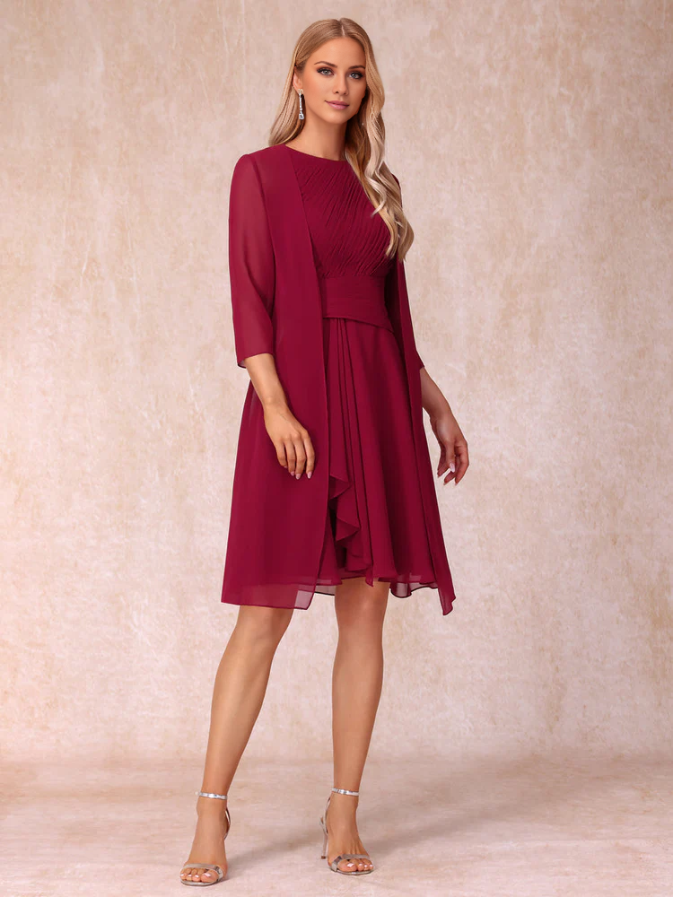 Burgundy Chiffon A-Line Knee-Length Evening Dress with Boat Neck & Matching Jacket