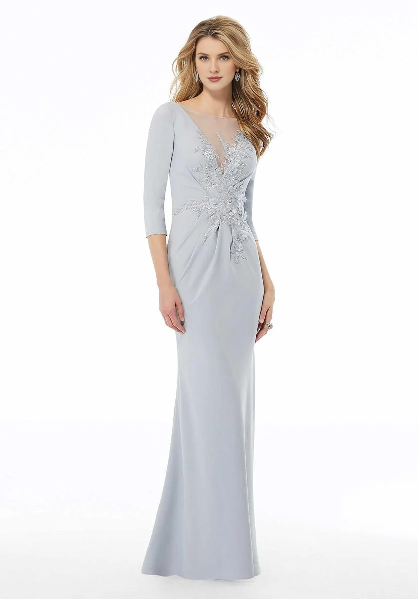 Dusty Blue Crepe Sheath Floor-Length Evening Dress with Illusion Neck & Floral Appliqués