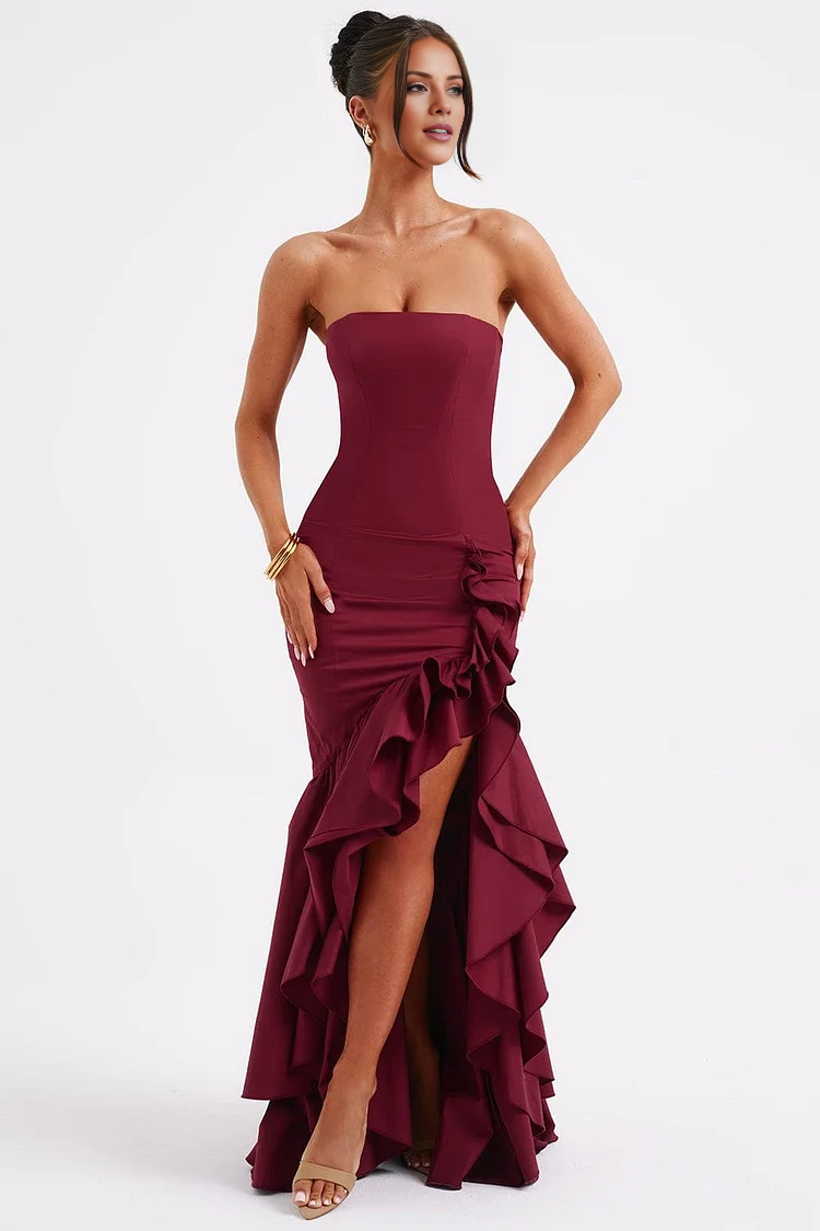 Vestido de fiesta Jimiss con hombros descubiertos, cuello alto, hombros descubiertos, sin mangas, sin tirantes, espalda descubierta, borde con volantes y largo hasta el suelo