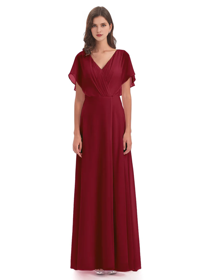 Burgundy Chiffon A-Line V-Neck Floor-Length Bridesmaid Dress with Pleated Bodice and Flutter Sleeves