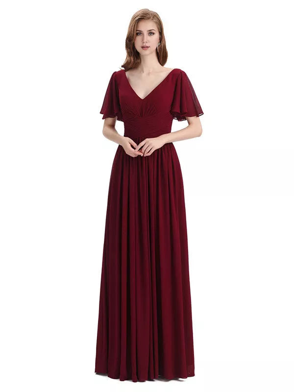 Vestidos de dama de honor elegantes de gasa con escote en V, mangas cortas y largo hasta el suelo