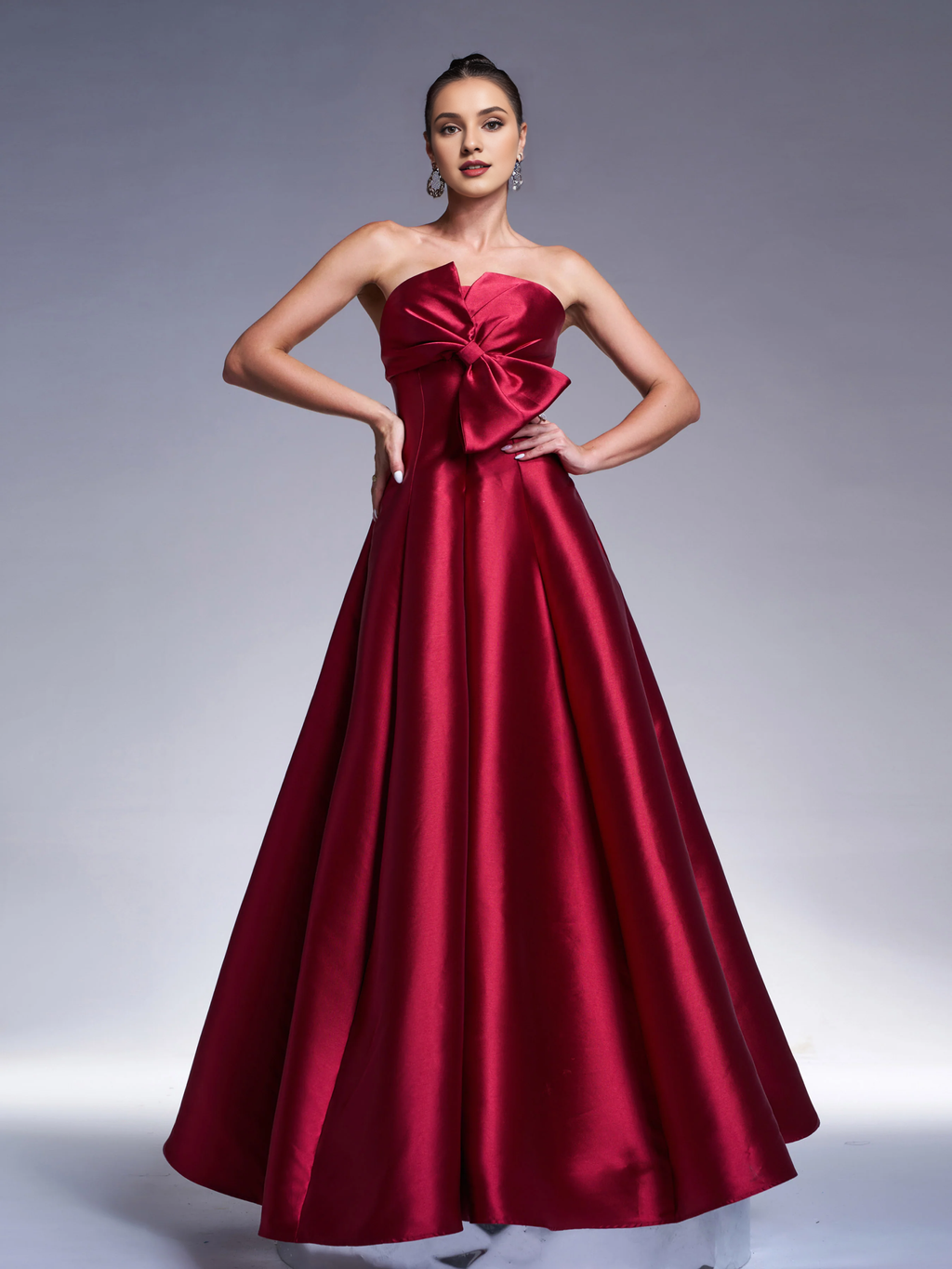 Burgundy Satin A-Line Sweetheart Floor-Length Dress with Large Bow