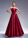 Burgundy Satin A-Line Sweetheart Floor-Length Dress with Large Bow