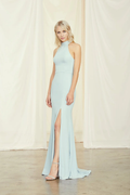 Sky Blue Halter Neck Crepe Sheath Floor-Length Dress with High Slit