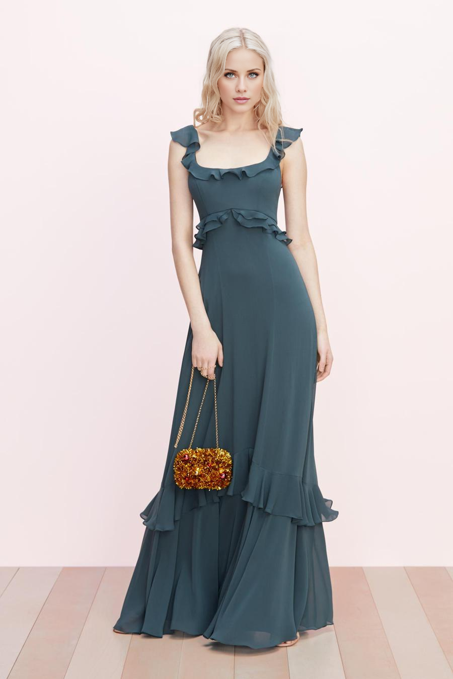 Vestido de noche Jimiss con escote cuadrado, manga corta, espalda descubierta, borde con volantes y largo hasta el suelo