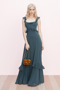 Vestido de noche Jimiss con escote cuadrado, manga corta, espalda descubierta, borde con volantes y largo hasta el suelo