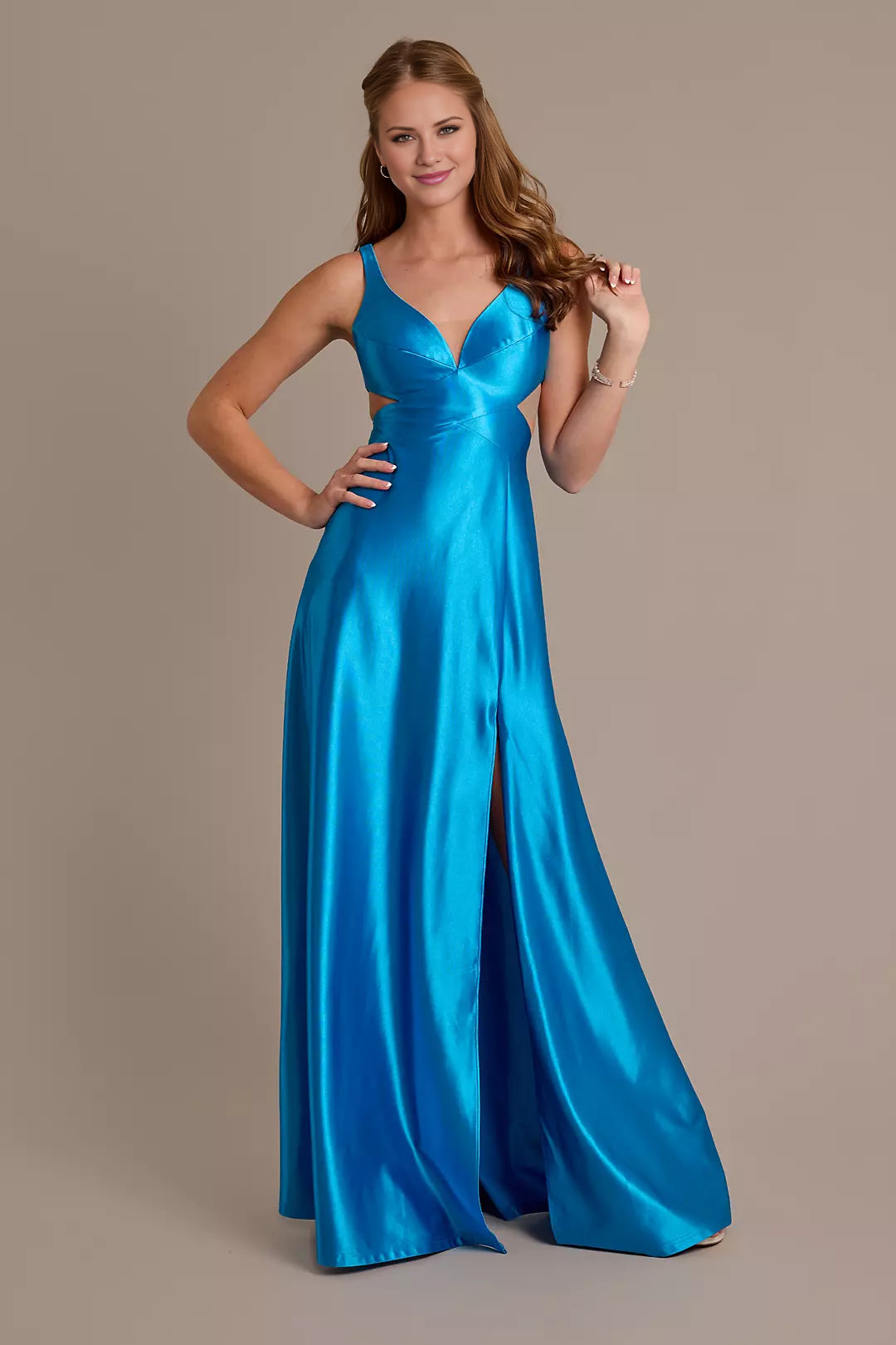 Jimiss Sculpting Satin A-Line Dress with Side Cutoutses prom dress