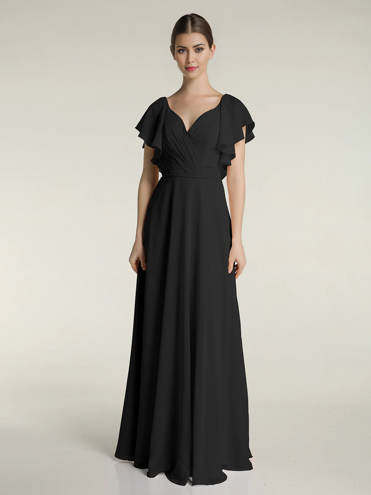 Vestido con cuello en V, capucha, mangas y borde con volantes