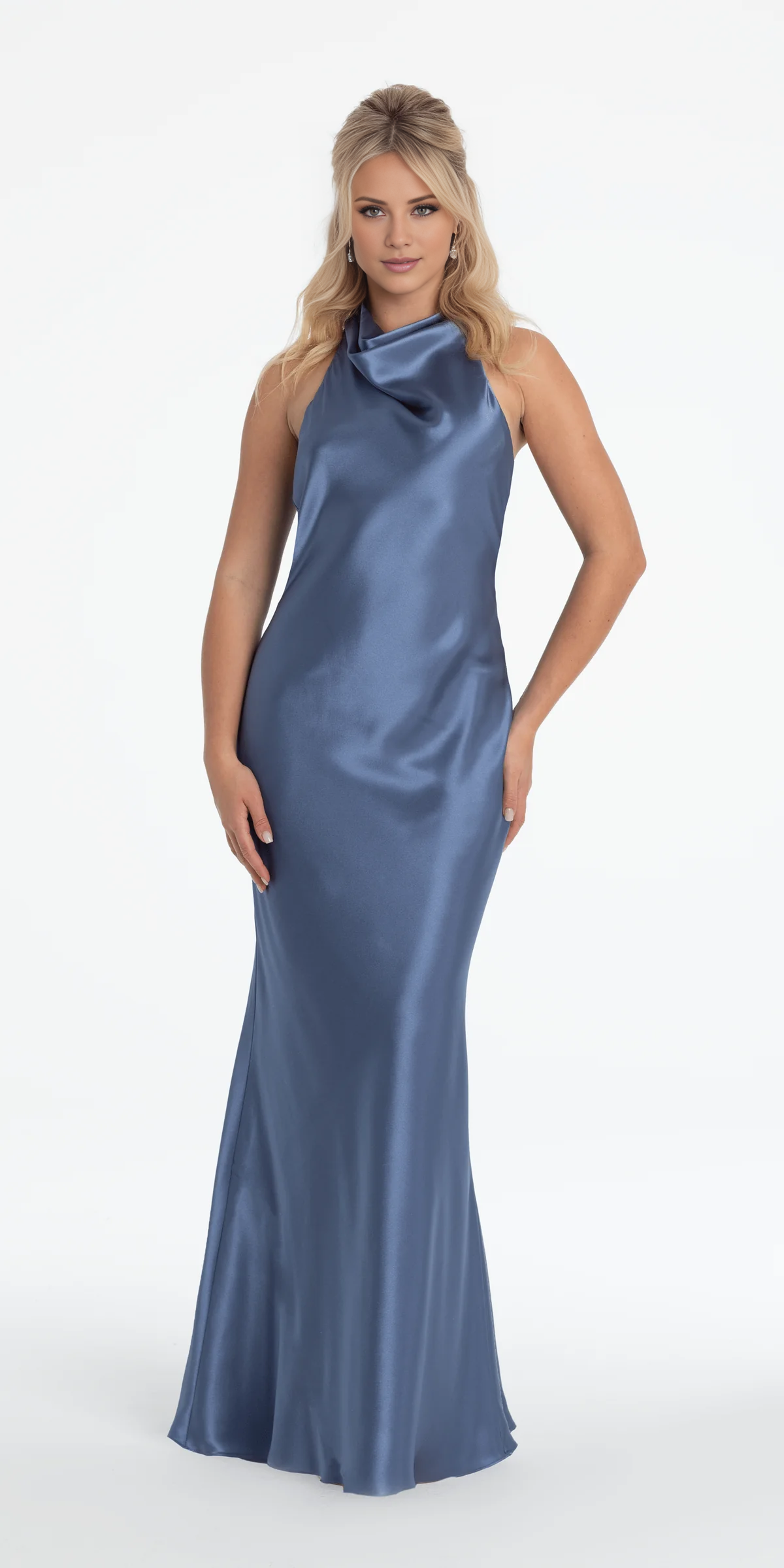 Vestido de fiesta Jimiss de satén con escote halter, sin mangas, con hombros descubiertos y largo hasta el suelo 
