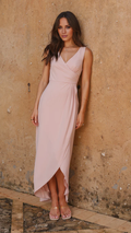 Vestido de fiesta Jimiss con escote en V, sin mangas, detalle plisado, cruzado y largo hasta el suelo