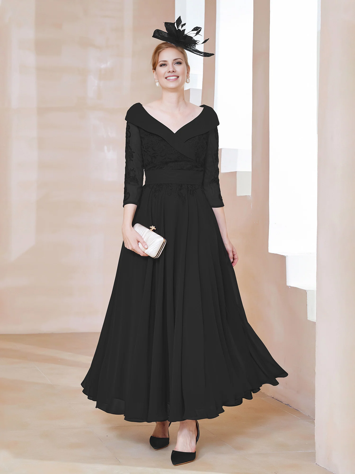 Dark Navy Chiffon A-Line Ankle-Length Off-the-Shoulder Evening Dress