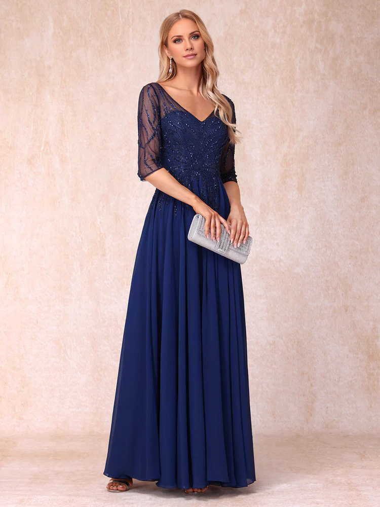 Navy Blue Beaded V-Neck Chiffon A-Line Floor-Length Evening Dress