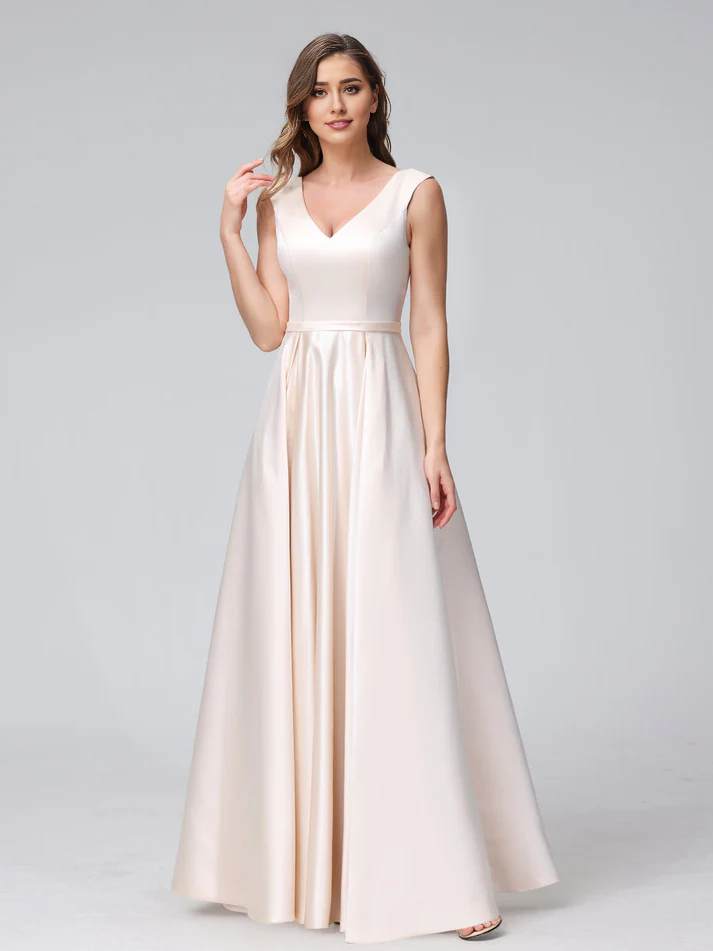 Satin V-Neck Sleeveless A-Line Floor-Length Elegant Bridesmaid Dress